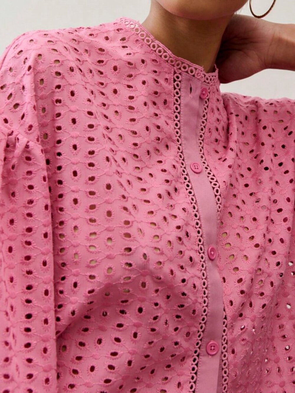 Pink Casual Women's Button Down Eyelet Blouse - Picture 6 of 6
